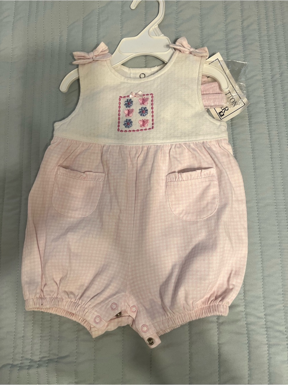 NWT Vintage Baby Girl Pink Gingham Bubble Romper with Embroidered Flowers-3-4 M